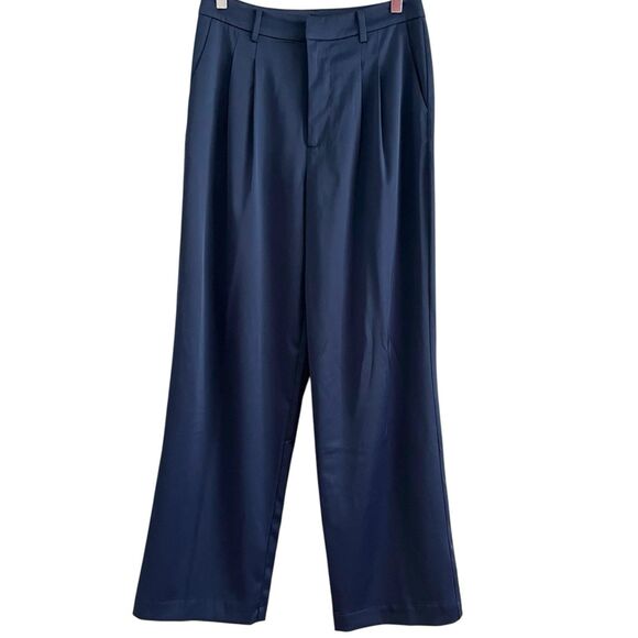 WAYF Womens Pleated Front Wide Leg Pants S Navy High Rise Old Money Quiet Luxury - Picture 1 of 13